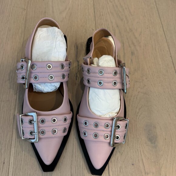Ganni Pink Feminine Buckle Ballerina Flats - Picture 1 of 4